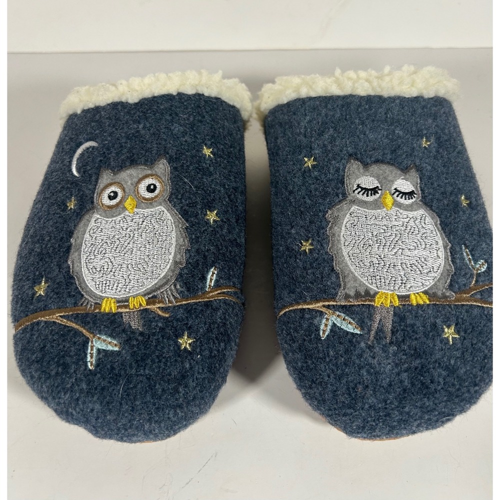 Lands End Womens Owl Felt Scuff Slippers Navy Blue Shearling Lined Clogs 8B